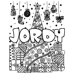 Coloring page first name JORDY - Christmas tree and presents background