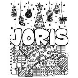 Coloring page first name JORIS - Christmas tree and presents background