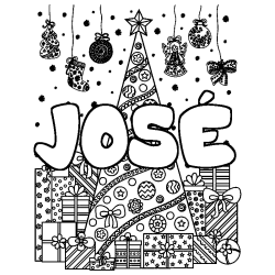 Coloring page first name JOSÉ - Christmas tree and presents background