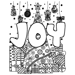 Coloring page first name JOY - Christmas tree and presents background