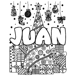 Coloring page first name JUAN - Christmas tree and presents background