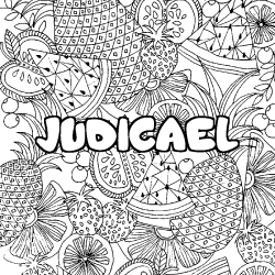 Coloring page first name JUDICAEL - Fruits mandala background