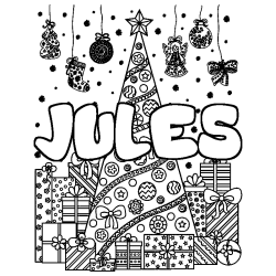 Coloring page first name JULES - Christmas tree and presents background