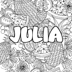 Coloring page first name JULIA - Fruits mandala background