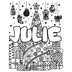 Coloring page first name JULIE - Christmas tree and presents background