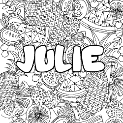 Coloring page first name JULIE - Fruits mandala background