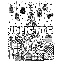Coloring page first name JULIETTE - Christmas tree and presents background