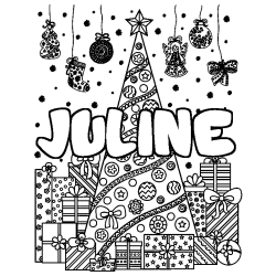 Coloring page first name JULINE - Christmas tree and presents background
