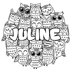 Coloring page first name JULINE - Owls background
