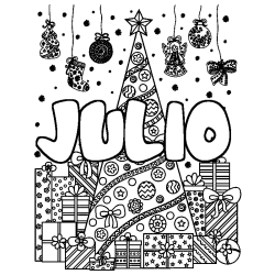 Coloring page first name JULIO - Christmas tree and presents background