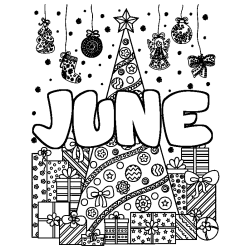 Coloring page first name JUNE - Christmas tree and presents background