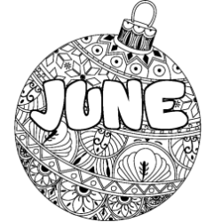 Coloring page first name JUNE - Christmas tree bulb background