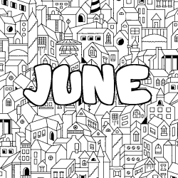 Coloring page first name JUNE - City background