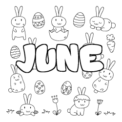 Coloring page first name JUNE - Easter background