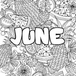 Coloring page first name JUNE - Fruits mandala background