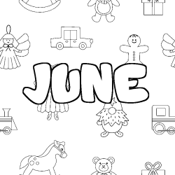 Coloring page first name JUNE - Toys background
