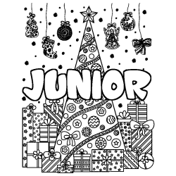 Coloring page first name JUNIOR - Christmas tree and presents background