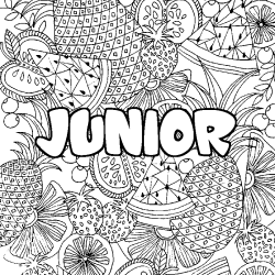 Coloring page first name JUNIOR - Fruits mandala background