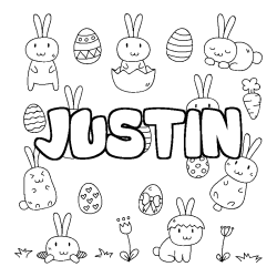 Coloring page first name JUSTIN - Easter background