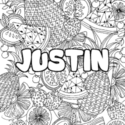 Coloring page first name JUSTIN - Fruits mandala background