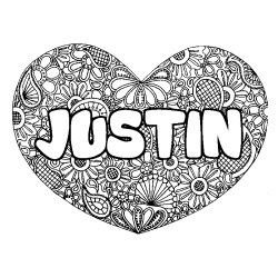 Coloring page first name JUSTIN - Heart mandala background