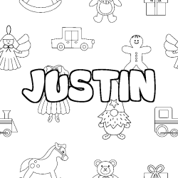 Coloring page first name JUSTIN - Toys background