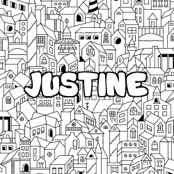 Coloring page first name JUSTINE - City background