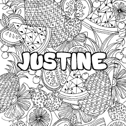 Coloring page first name JUSTINE - Fruits mandala background