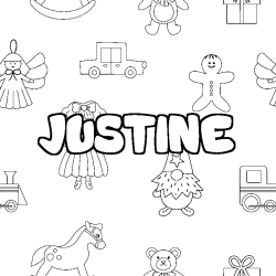 Coloring page first name JUSTINE - Toys background