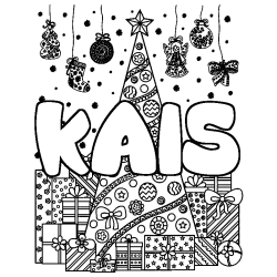 Coloring page first name KAIS - Christmas tree and presents background