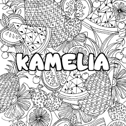 Coloring page first name KAMELIA - Fruits mandala background