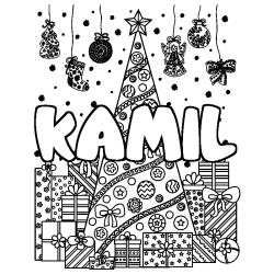 Coloring page first name KAMIL - Christmas tree and presents background