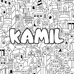 Coloring page first name KAMIL - City background