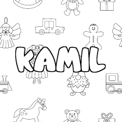 Coloring page first name KAMIL - Toys background