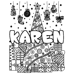 Coloring page first name KAREN - Christmas tree and presents background
