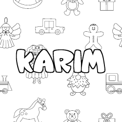 Coloring page first name KARIM - Toys background