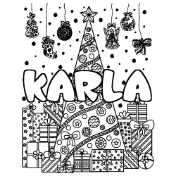 Coloring page first name KARLA - Christmas tree and presents background