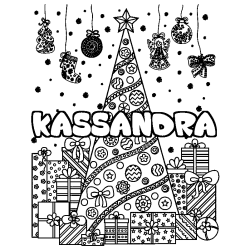 Coloring page first name KASSANDRA - Christmas tree and presents background