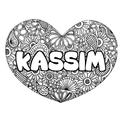 Coloring page first name KASSIM - Heart mandala background