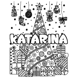 Coloring page first name KATARINA - Christmas tree and presents background