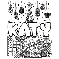 Coloring page first name KATY - Christmas tree and presents background