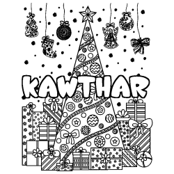 Coloring page first name KAWTHAR - Christmas tree and presents background