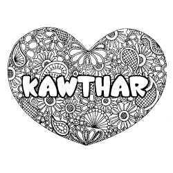 Coloring page first name KAWTHAR - Heart mandala background