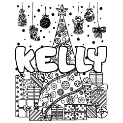 Coloring page first name KELLY - Christmas tree and presents background