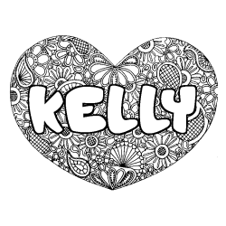 Coloring page first name KELLY - Heart mandala background