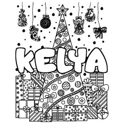 Coloring page first name KELYA - Christmas tree and presents background