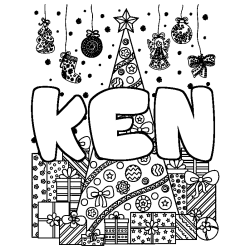 Coloring page first name KEN - Christmas tree and presents background