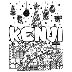 Coloring page first name KENJI - Christmas tree and presents background