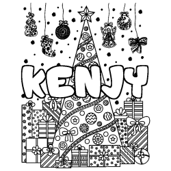 Coloring page first name KENJY - Christmas tree and presents background