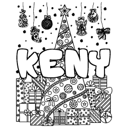 Coloring page first name KENY - Christmas tree and presents background